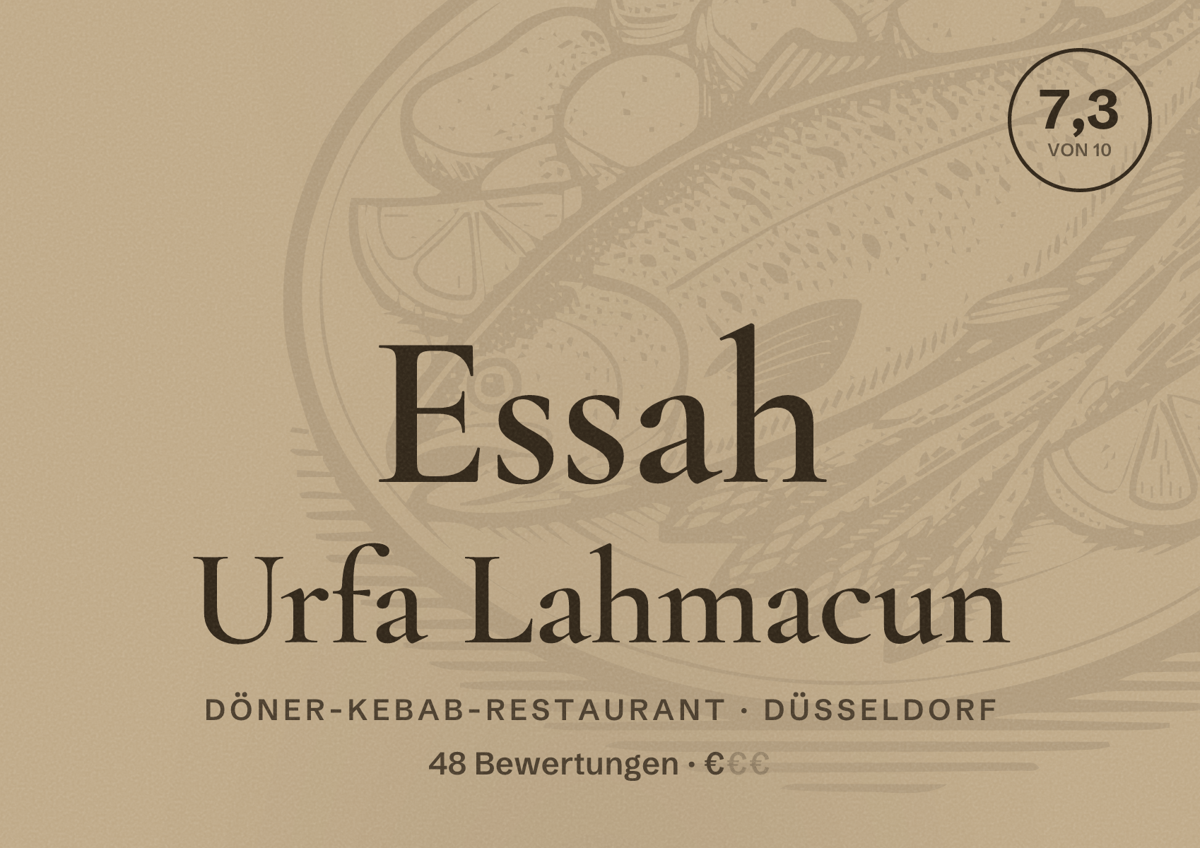 Illustriertes Poster von Essah Urfa Lahmacun, Döner-Kebab-Restaurant in Düsseldorf: Bewertung 7,3 von 10 aus 48 Bewertungen, Preisniveau €