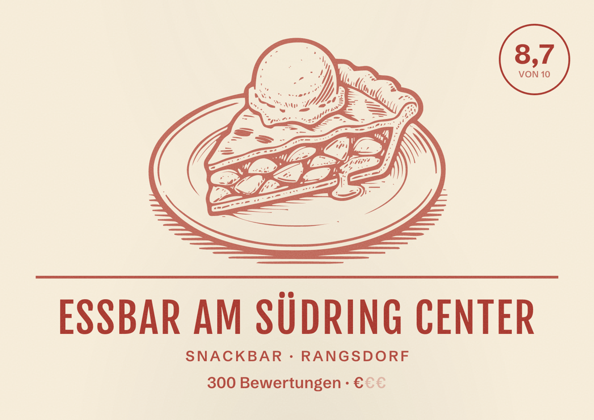 Illustriertes Poster von EssBar am Südring Center, Snackbar in Rangsdorf: Bewertung 8,7 von 10 aus 300 Bewertungen, Preisniveau €