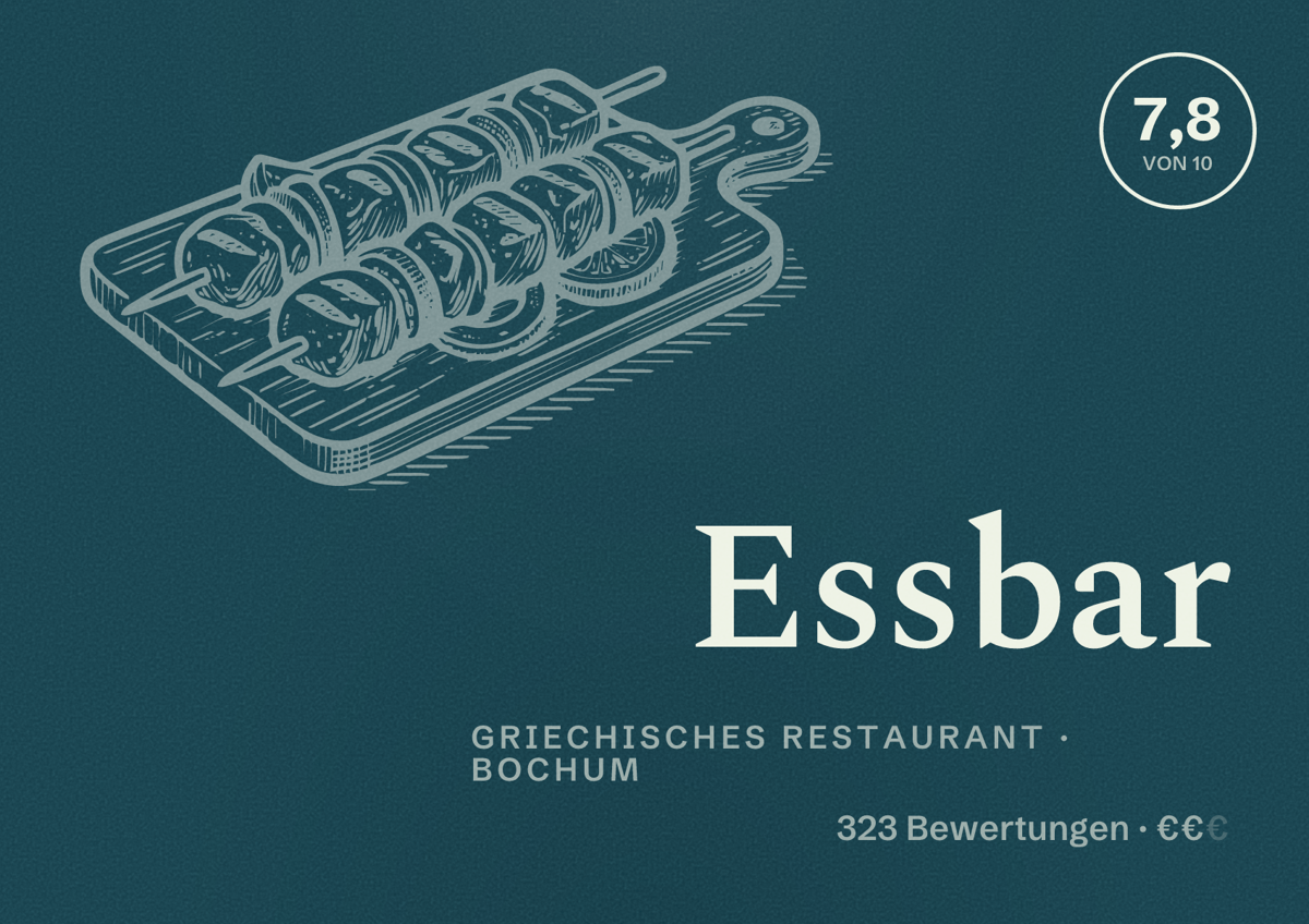 Illustriertes Poster von Essbar, Griechisches Restaurant in Bochum: Bewertung 7,8 von 10 aus 323 Bewertungen, Preisniveau €€