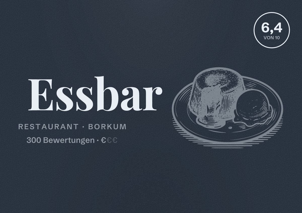 Illustriertes Poster von Essbar, Restaurant in Borkum: Bewertung 6,4 von 10 aus 300 Bewertungen, Preisniveau €