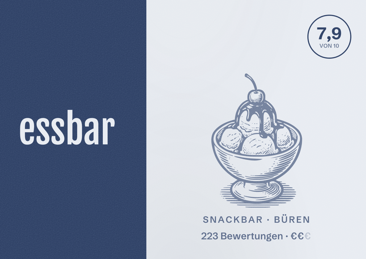 Illustriertes Poster von essbar, Snackbar in Büren: Bewertung 7,9 von 10 aus 223 Bewertungen, Preisniveau €€