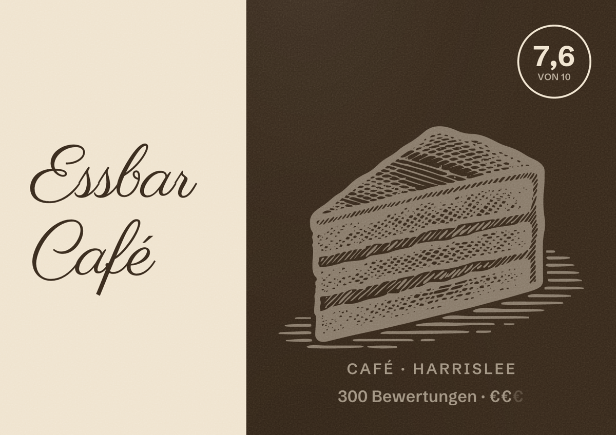 Illustriertes Poster von Essbar Café, Café in Harrislee: Bewertung 7,6 von 10 aus 300 Bewertungen, Preisniveau €€