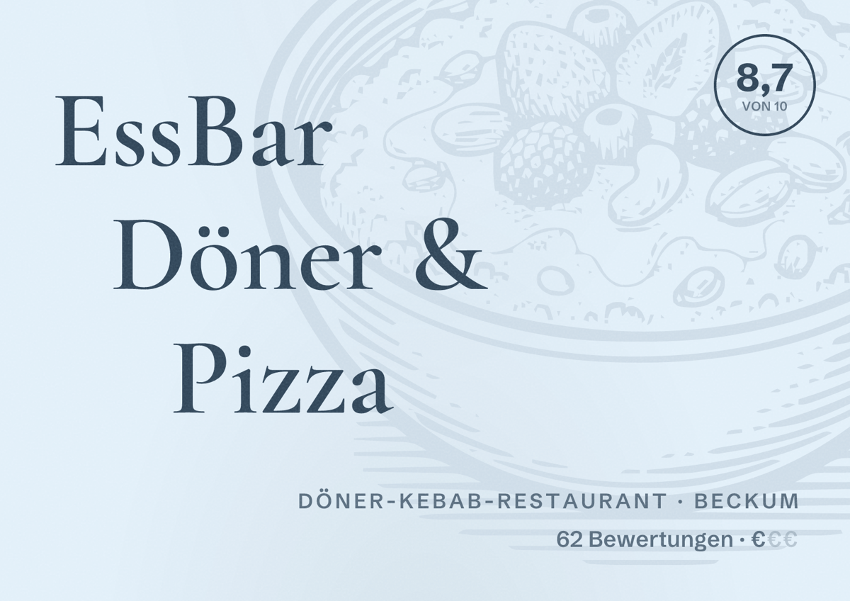 Illustriertes Poster von EssBar Döner & Pizza, Döner-Kebab-Restaurant in Beckum: Bewertung 8,7 von 10 aus 62 Bewertungen, Preisniveau €