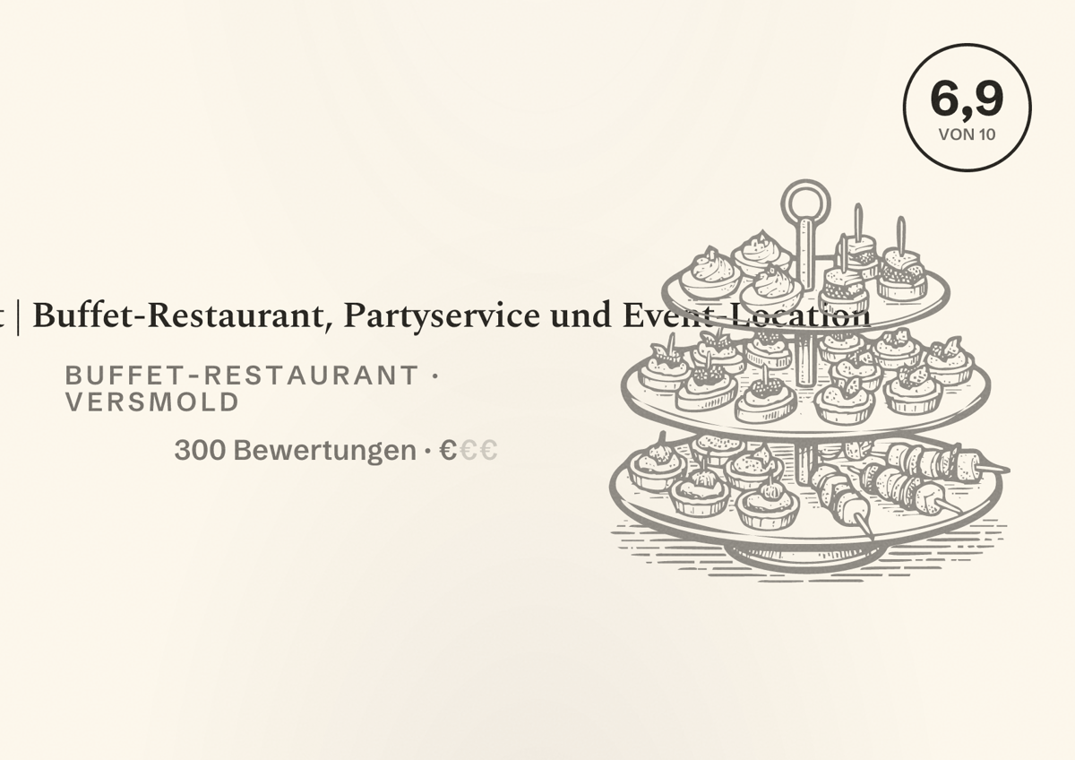 Illustriertes Poster von essBar Ernst | Buffet-Restaurant, Partyservice und Event-Location, Buffet-Restaurant in Versmold: Bewertung 6,9 von 10 aus 300 Bewertungen, Preisniveau €