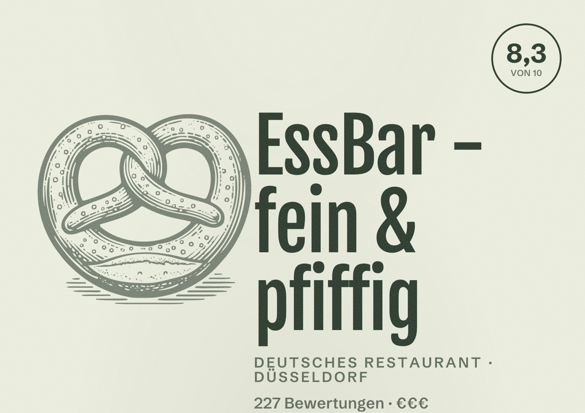 Illustriertes Poster von EssBar - fein & pfiffig, Deutsches Restaurant in Düsseldorf: Bewertung 8,3 von 10 aus 227 Bewertungen, Preisniveau €€€
