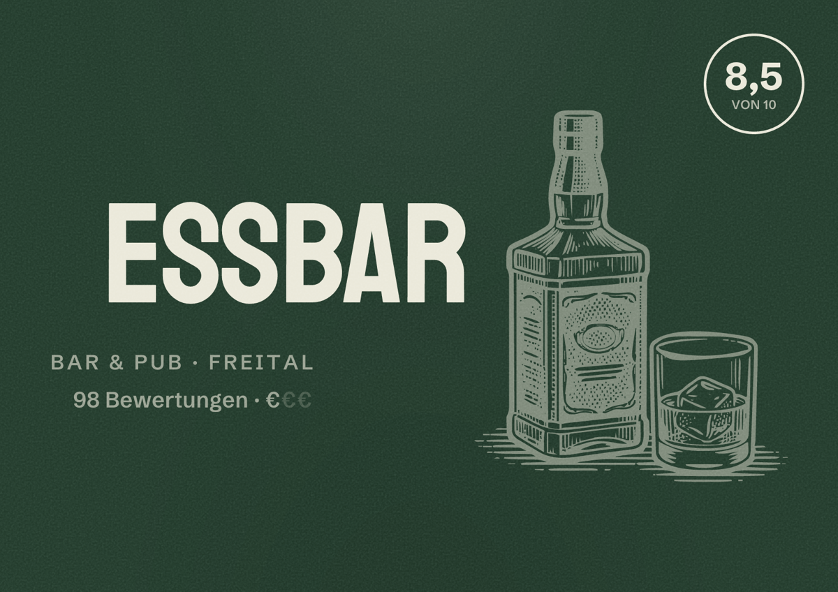 Illustriertes Poster von EssBar, Bar & Pub in Freital: Bewertung 8,5 von 10 aus 98 Bewertungen, Preisniveau €