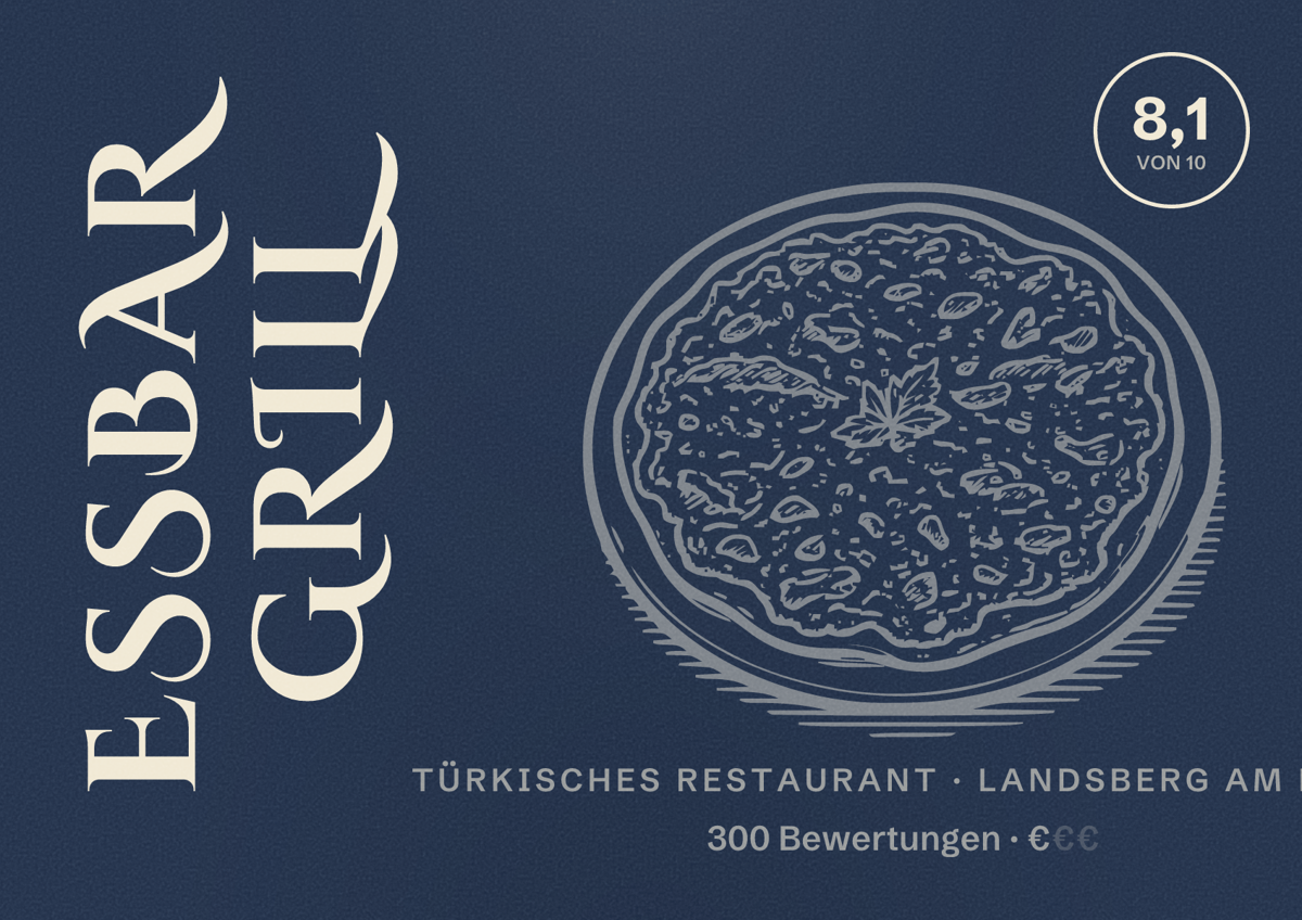 Illustriertes Poster von ESSBAR GRILL, Türkisches Restaurant in Landsberg am Lech: Bewertung 8,1 von 10 aus 300 Bewertungen, Preisniveau €