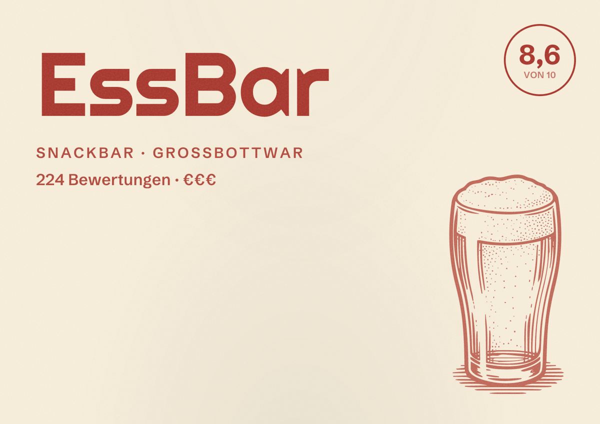 Illustriertes Poster von EssBar, Snackbar in Großbottwar: Bewertung 8,6 von 10 aus 224 Bewertungen, Preisniveau €€€
