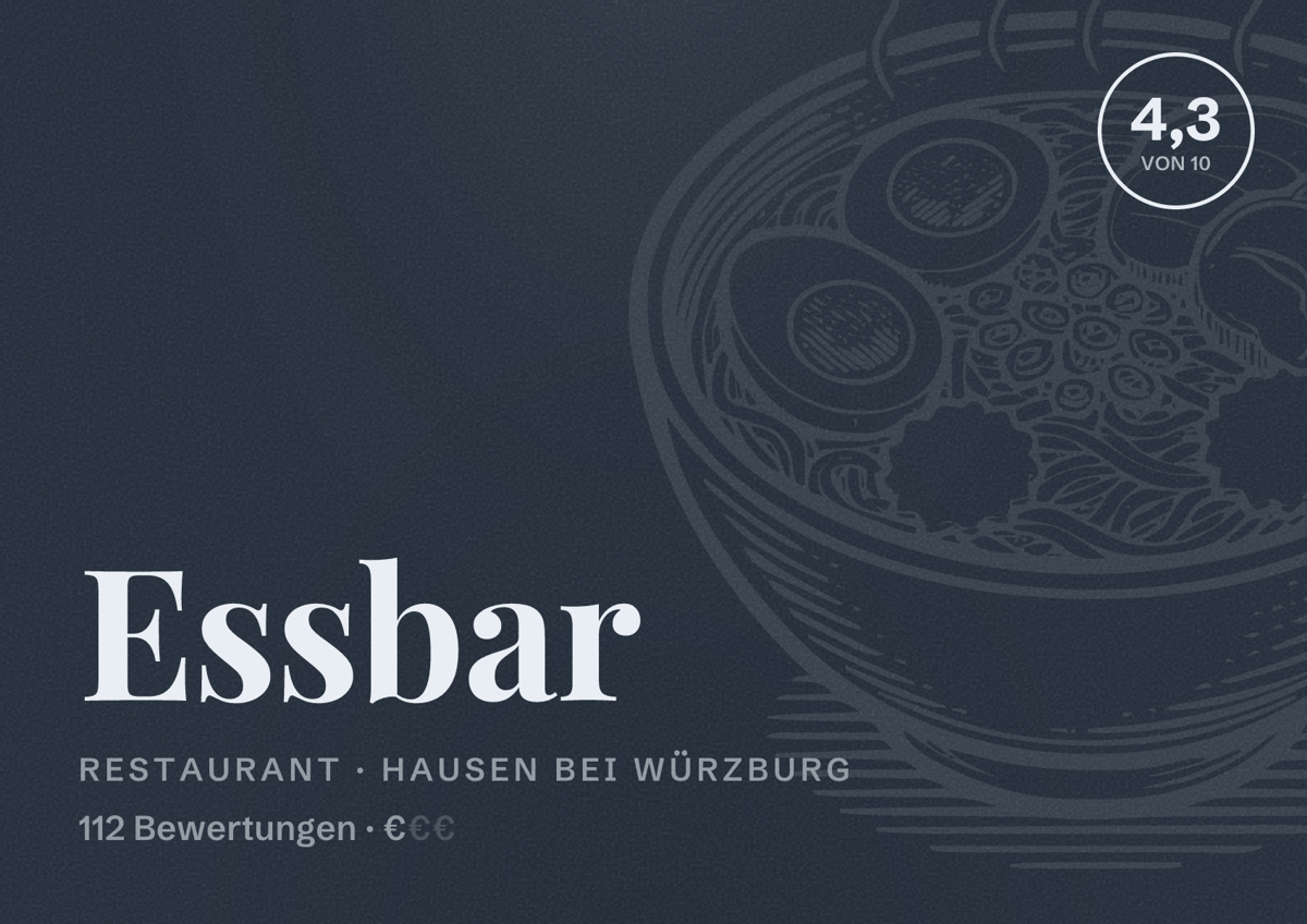 Illustriertes Poster von Essbar, Restaurant in Hausen bei Würzburg: Bewertung 4,3 von 10 aus 112 Bewertungen, Preisniveau €