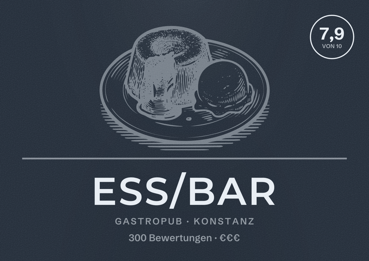 Illustriertes Poster von ess/bar, Gastropub in Konstanz: Bewertung 7,9 von 10 aus 300 Bewertungen, Preisniveau €€€