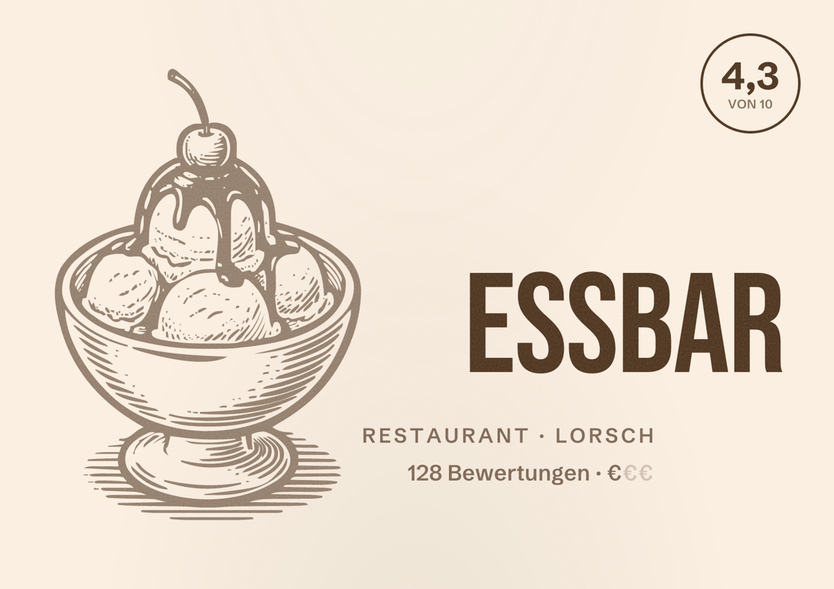 Illustriertes Poster von Essbar, Restaurant in Lorsch: Bewertung 4,3 von 10 aus 128 Bewertungen, Preisniveau €