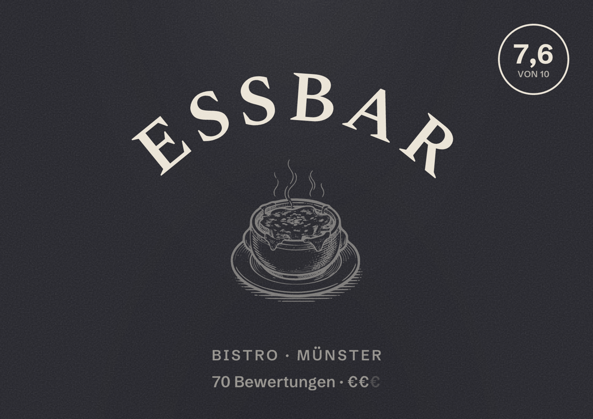 Illustriertes Poster von Eßbar, Bistro in Münster: Bewertung 7,6 von 10 aus 70 Bewertungen, Preisniveau €€