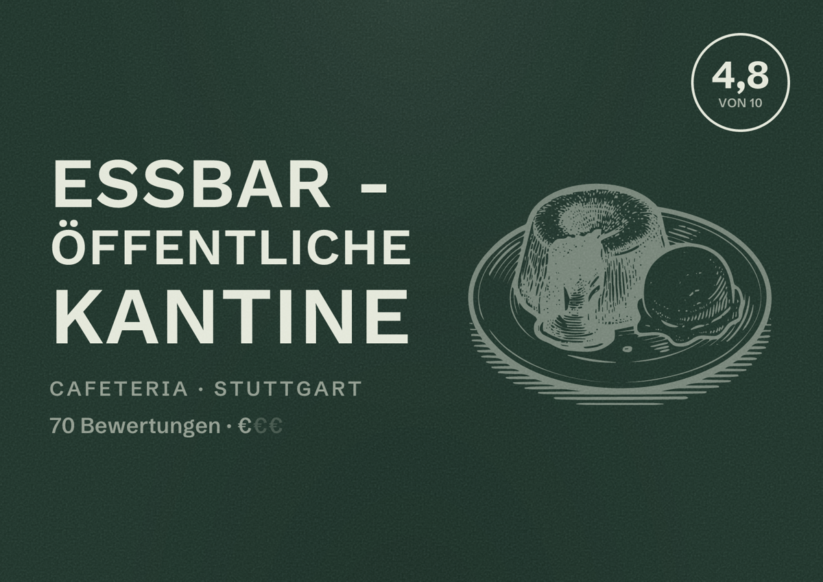Illustriertes Poster von ESSBar - öffentliche Kantine, Cafeteria in Stuttgart: Bewertung 4,8 von 10 aus 70 Bewertungen, Preisniveau €