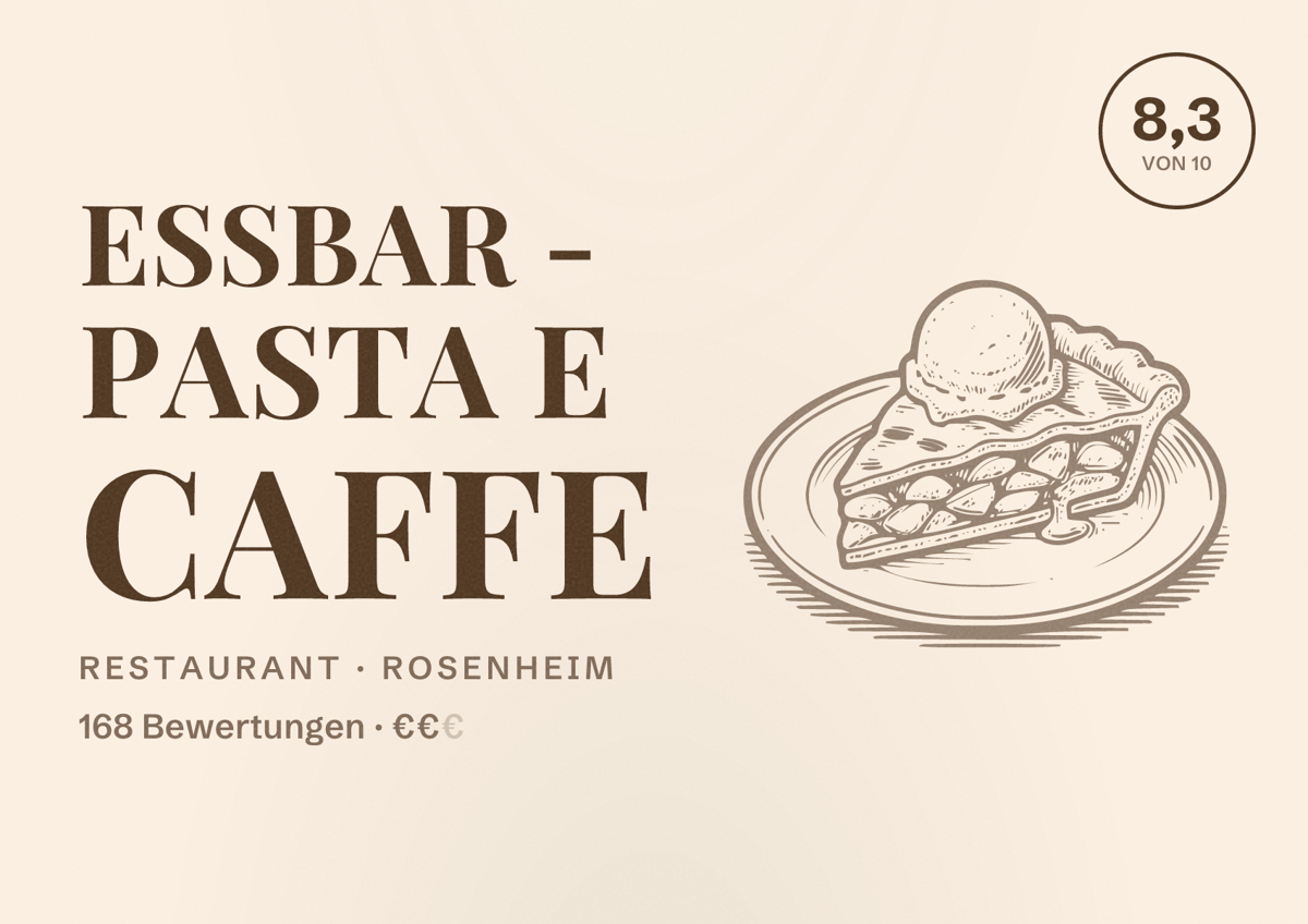 Illustriertes Poster von essbar - pasta e caffe, Restaurant in Rosenheim: Bewertung 8,3 von 10 aus 168 Bewertungen, Preisniveau €€
