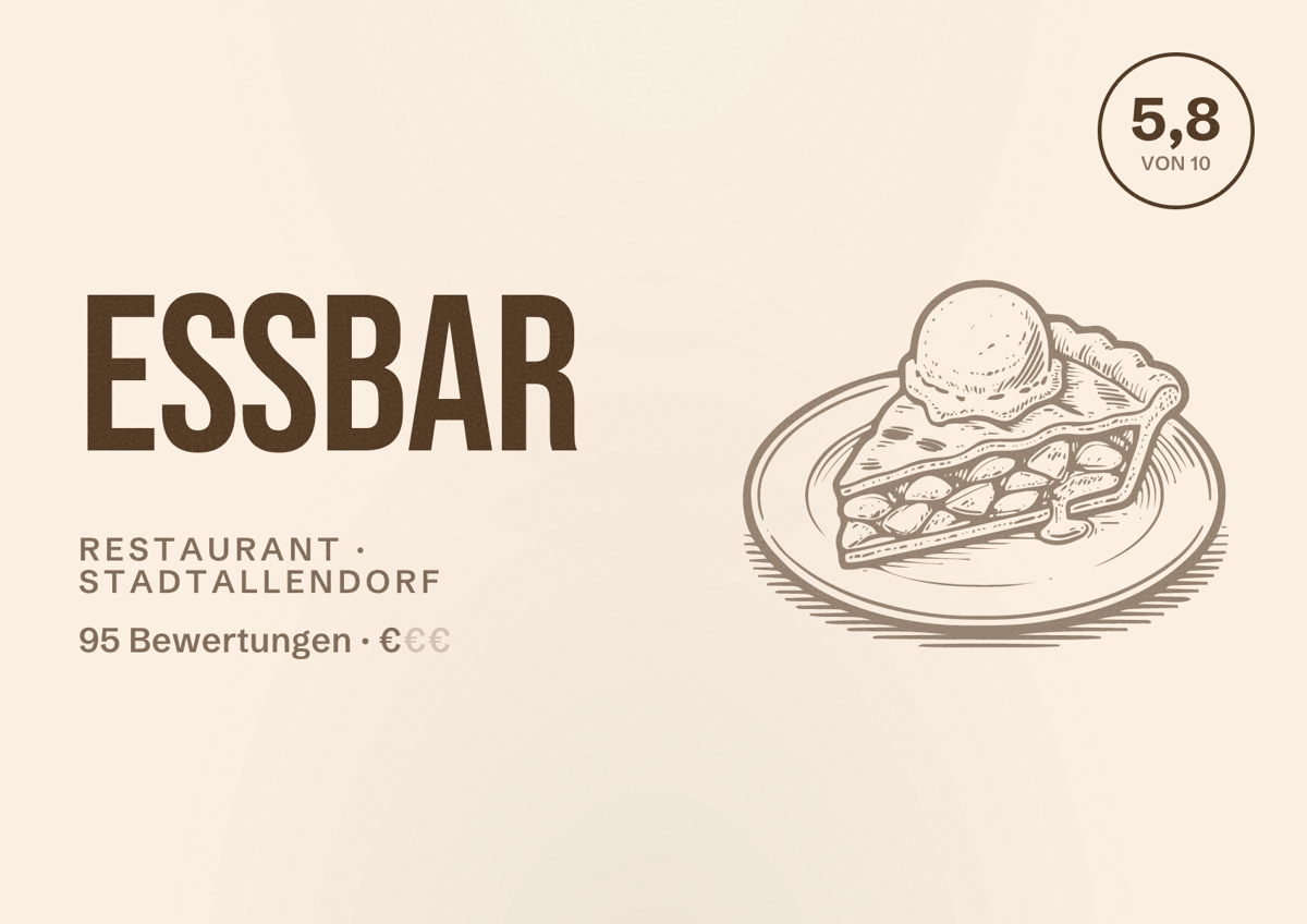 Illustriertes Poster von Essbar, Restaurant in Stadtallendorf: Bewertung 5,8 von 10 aus 95 Bewertungen, Preisniveau €