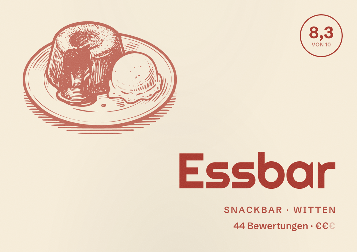 Illustriertes Poster von Essbar, Snackbar in Witten: Bewertung 8,3 von 10 aus 44 Bewertungen, Preisniveau €€