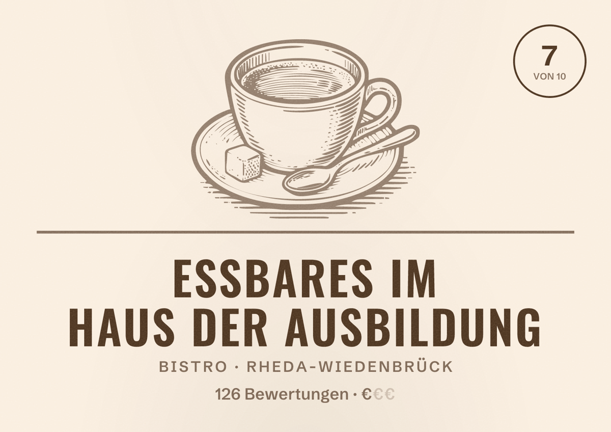 Illustriertes Poster von EssBares im Haus der Ausbildung, Bistro in Rheda-Wiedenbrück: Bewertung 7 von 10 aus 126 Bewertungen, Preisniveau €