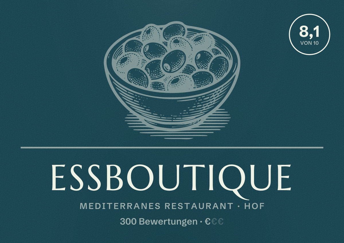 Illustriertes Poster von ESSBOUTIQUE, Mediterranes Restaurant in Hof: Bewertung 8,1 von 10 aus 300 Bewertungen, Preisniveau €