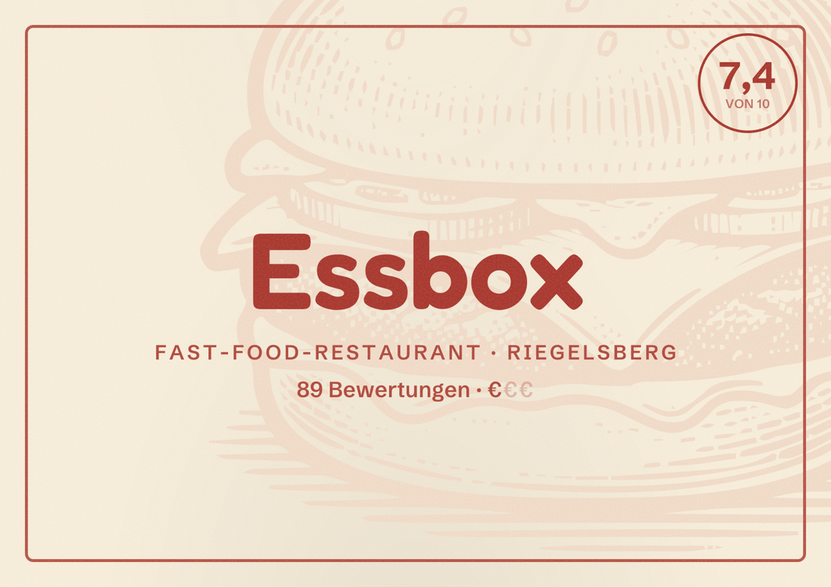 Illustriertes Poster von Essbox, Fast-Food-Restaurant in Riegelsberg: Bewertung 7,4 von 10 aus 89 Bewertungen, Preisniveau €