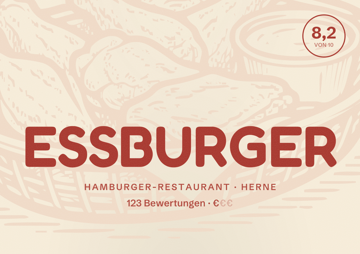 Illustriertes Poster von ESSBURGER, Hamburger-Restaurant in Herne: Bewertung 8,2 von 10 aus 123 Bewertungen, Preisniveau €