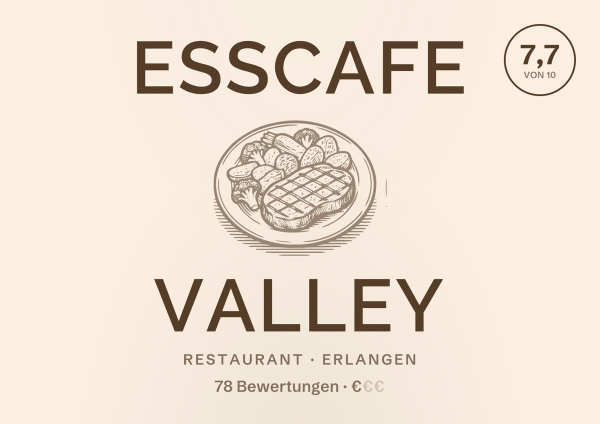 Illustriertes Poster von Esscafe Valley, Restaurant in Erlangen: Bewertung 7,7 von 10 aus 78 Bewertungen, Preisniveau €