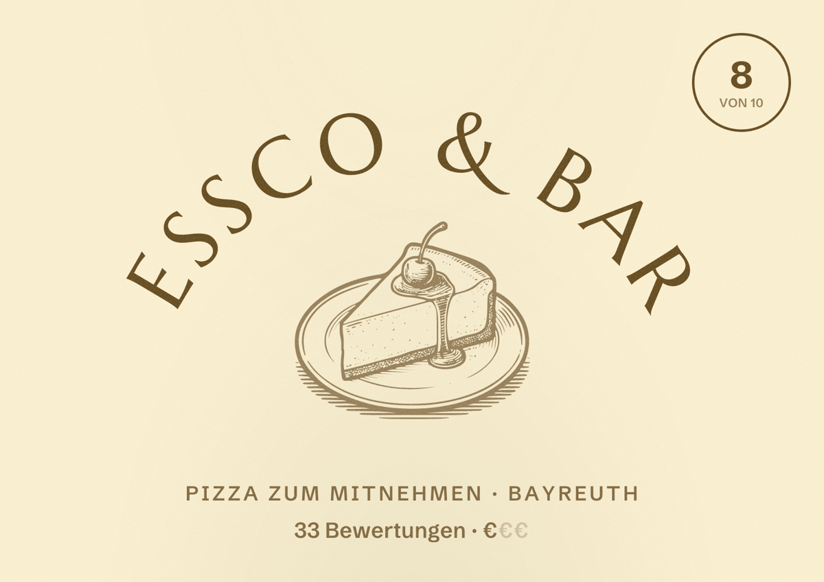 Illustriertes Poster von EssCo & Bar, Pizza zum Mitnehmen in Bayreuth: Bewertung 8 von 10 aus 33 Bewertungen, Preisniveau €