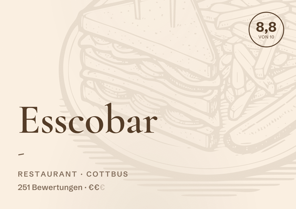 Illustriertes Poster von Esscobar -, Restaurant in Cottbus: Bewertung 8,8 von 10 aus 251 Bewertungen, Preisniveau €€