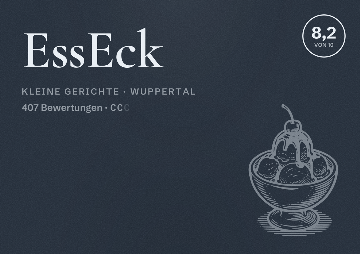 Illustriertes Poster von EssEck, Kleine Gerichte in Wuppertal: Bewertung 8,2 von 10 aus 407 Bewertungen, Preisniveau €€