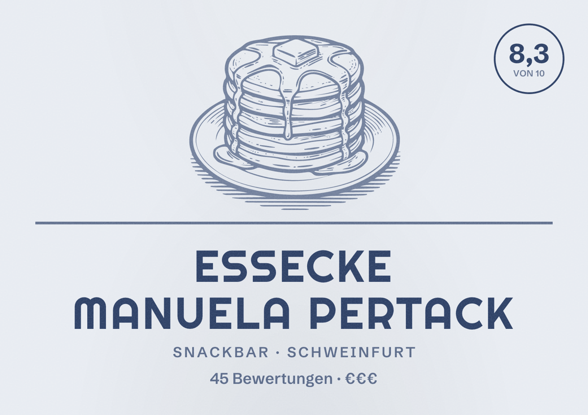Illustriertes Poster von Essecke Manuela Pertack, Snackbar in Schweinfurt: Bewertung 8,3 von 10 aus 45 Bewertungen, Preisniveau €€€
