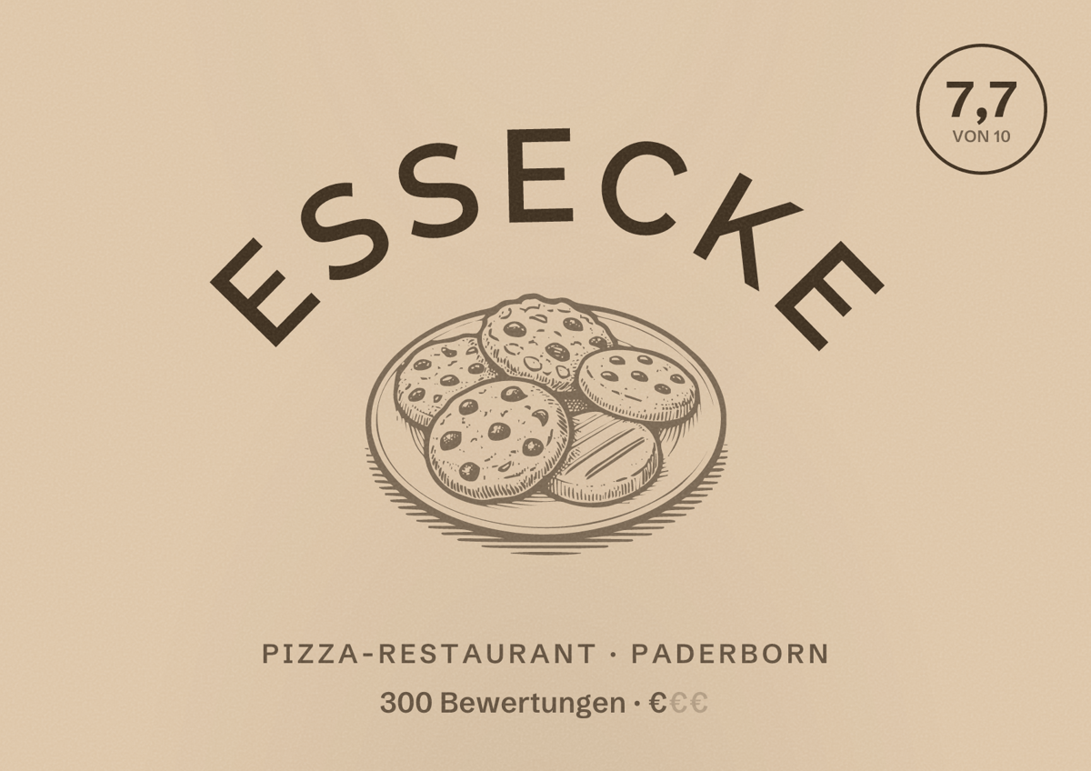 Illustriertes Poster von Essecke, Pizza-Restaurant in Paderborn: Bewertung 7,7 von 10 aus 300 Bewertungen, Preisniveau €
