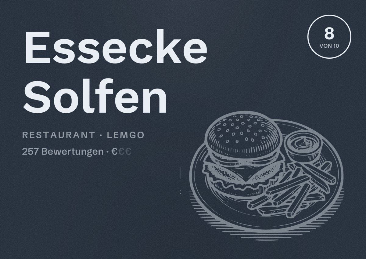 Illustriertes Poster von Essecke Solfen, Restaurant in Lemgo: Bewertung 8 von 10 aus 257 Bewertungen, Preisniveau €