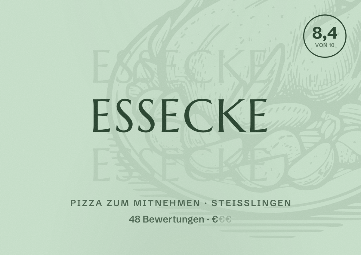 Illustriertes Poster von Essecke, Pizza zum Mitnehmen in Steißlingen: Bewertung 8,4 von 10 aus 48 Bewertungen, Preisniveau €