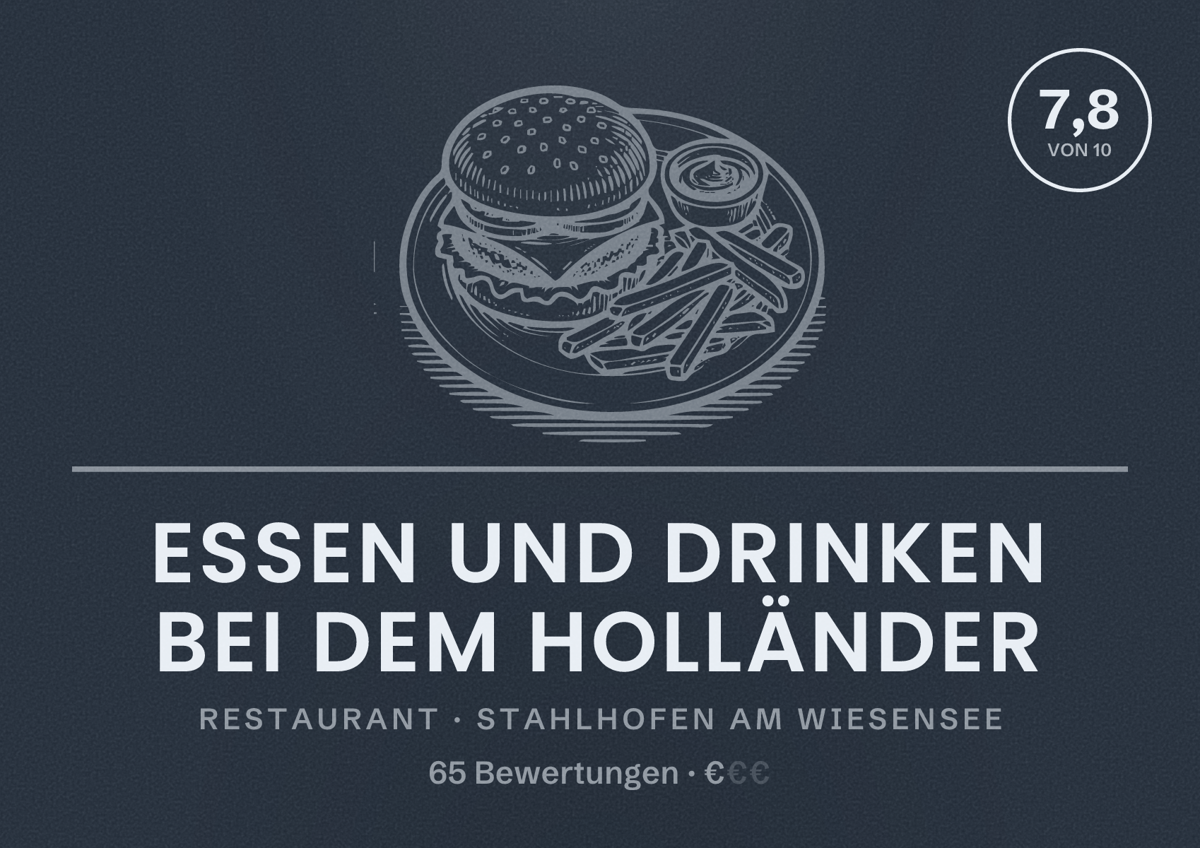 Illustriertes Poster von Essen und drinken bei dem Holländer, Restaurant in Stahlhofen am Wiesensee: Bewertung 7,8 von 10 aus 65 Bewertungen, Preisniveau €