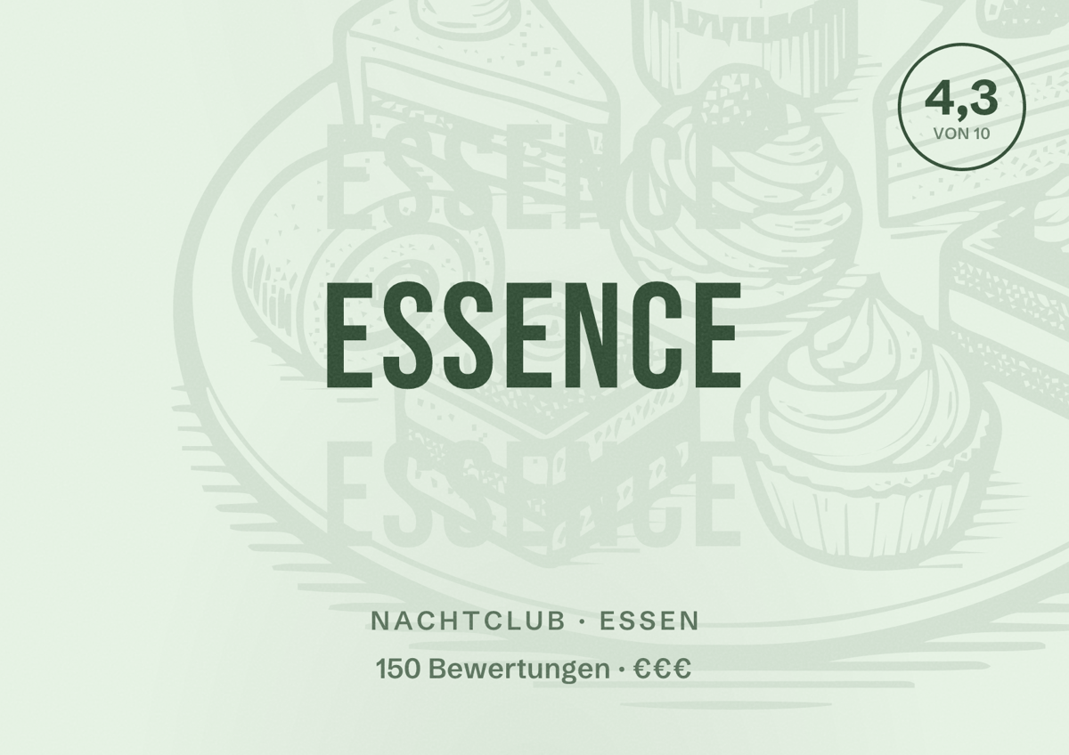 Illustriertes Poster von Essence, Nachtclub in Essen: Bewertung 4,3 von 10 aus 150 Bewertungen, Preisniveau €€€