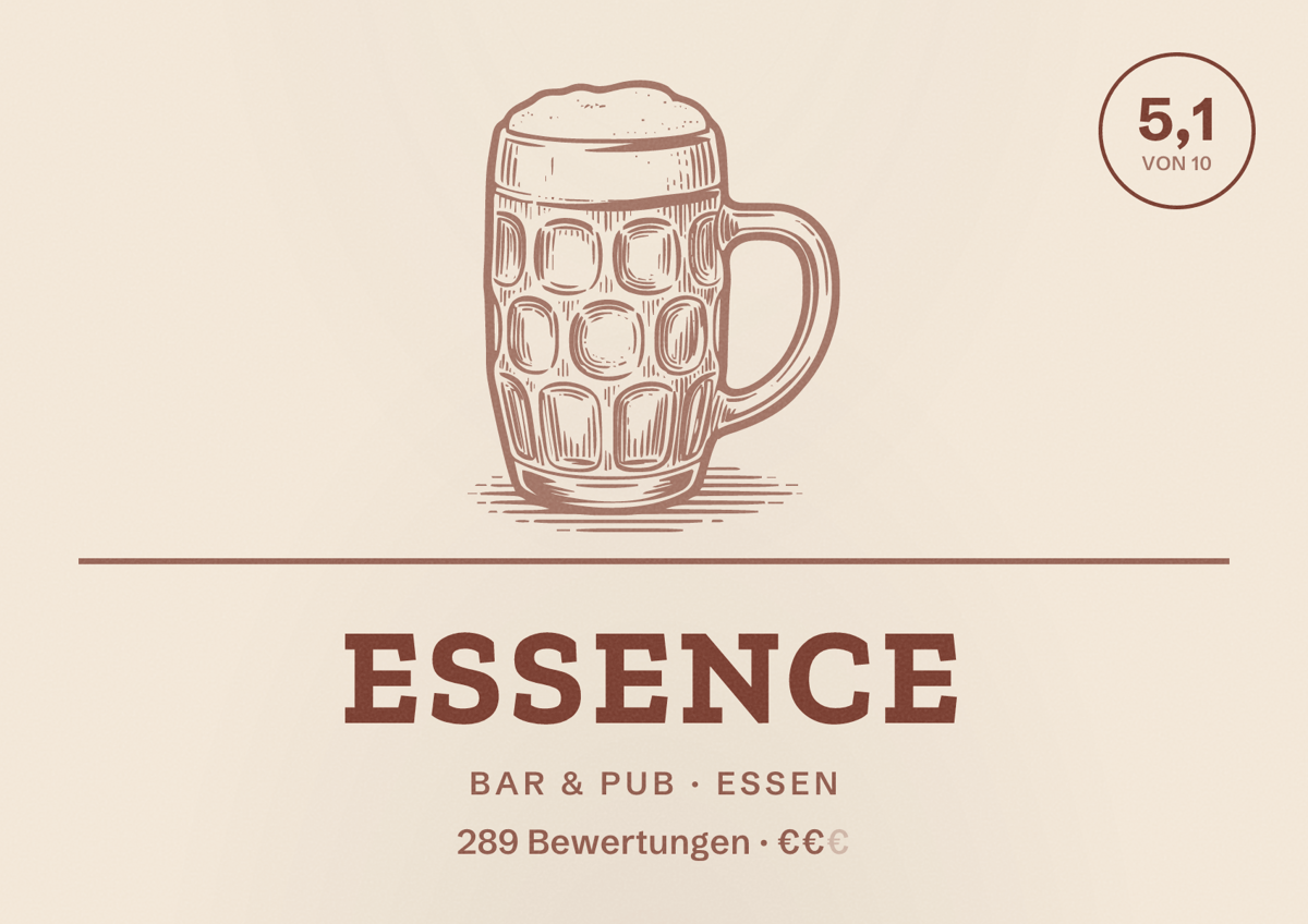 Illustriertes Poster von Essence, Bar & Pub in Essen: Bewertung 5,1 von 10 aus 289 Bewertungen, Preisniveau €€