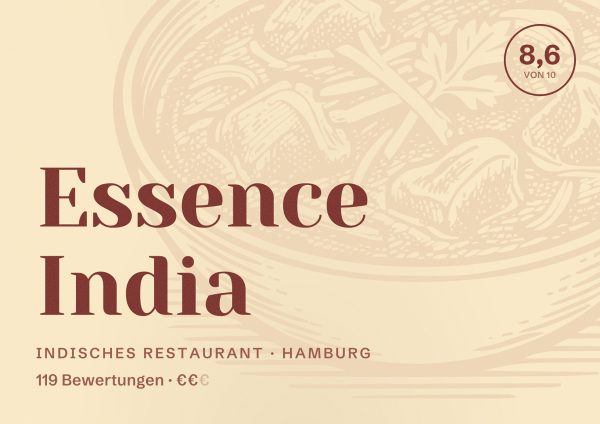 Illustriertes Poster von Essence India, Indisches Restaurant in Hamburg: Bewertung 8,6 von 10 aus 119 Bewertungen, Preisniveau €€