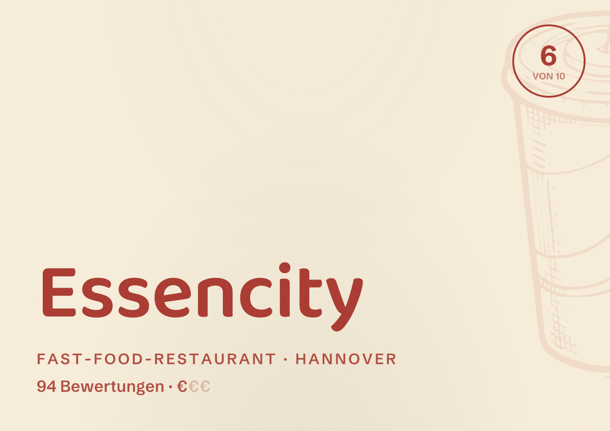 Illustriertes Poster von Essencity, Fast-Food-Restaurant in Hannover: Bewertung 6 von 10 aus 94 Bewertungen, Preisniveau €