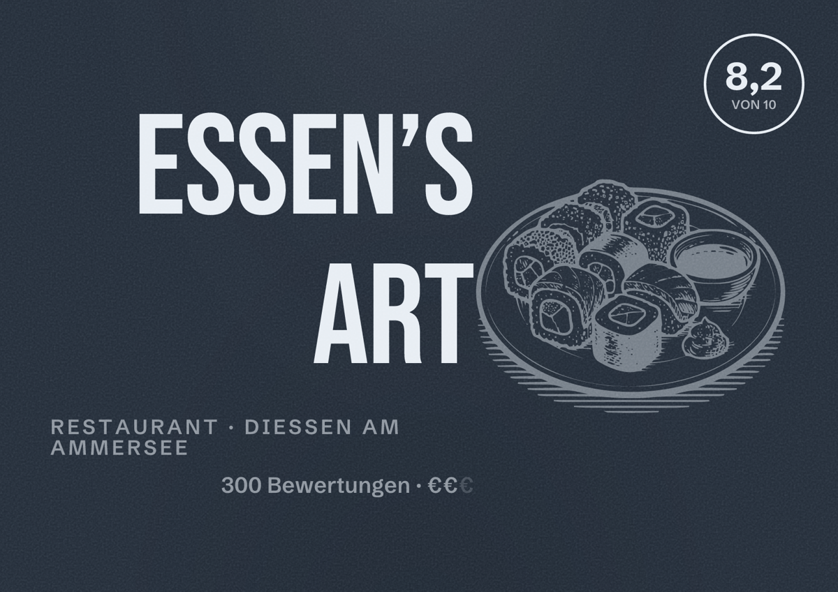 Illustriertes Poster von essen’s ART, Restaurant in Dießen am Ammersee: Bewertung 8,2 von 10 aus 300 Bewertungen, Preisniveau €€