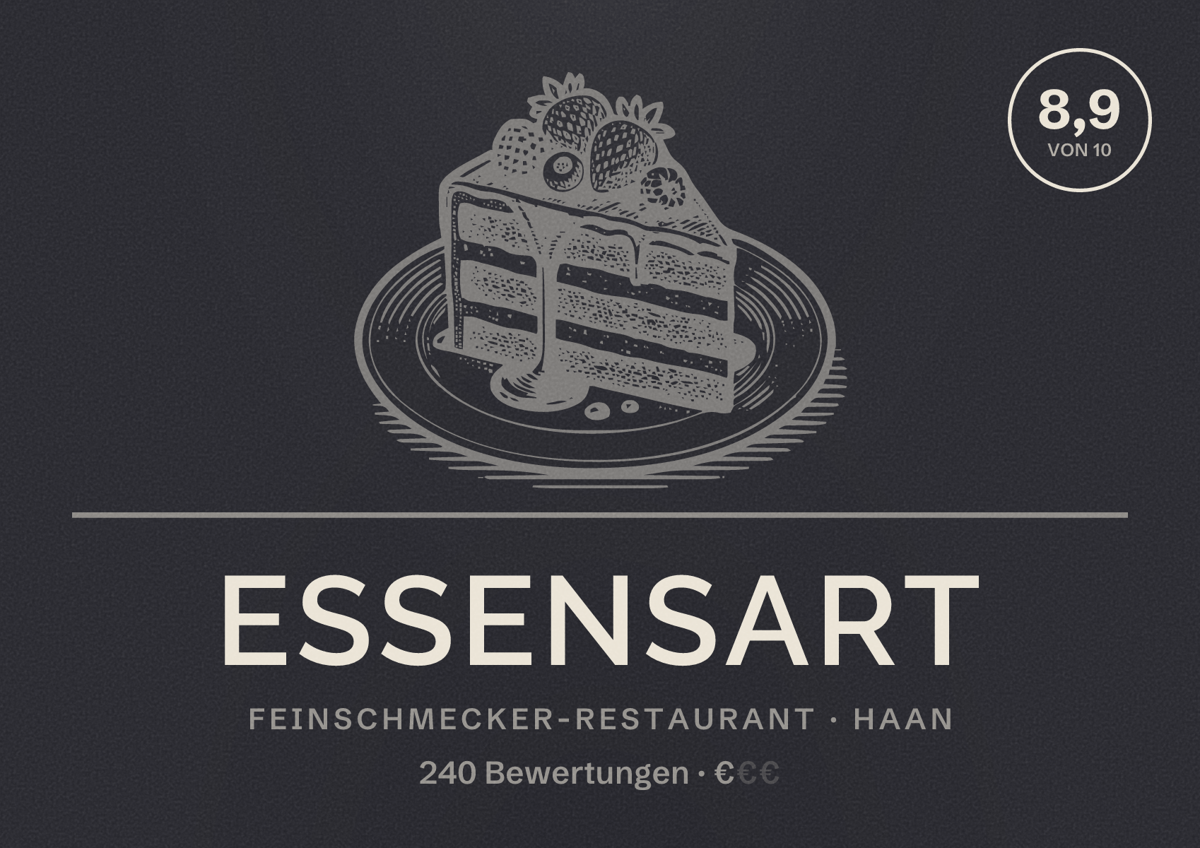 Illustriertes Poster von EssensArt, Feinschmecker-Restaurant in Haan: Bewertung 8,9 von 10 aus 240 Bewertungen, Preisniveau €