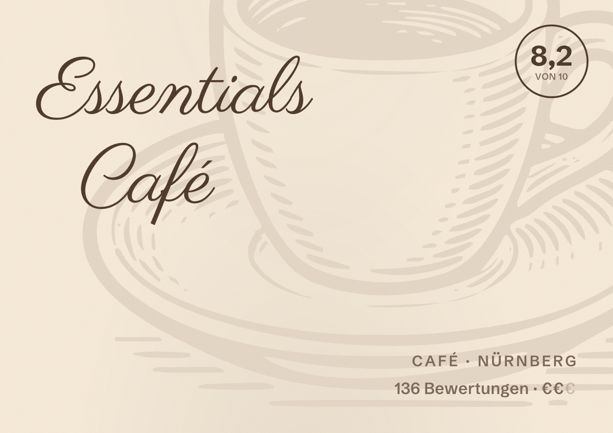 Illustriertes Poster von Essentials Café, Café in Nürnberg: Bewertung 8,2 von 10 aus 136 Bewertungen, Preisniveau €€
