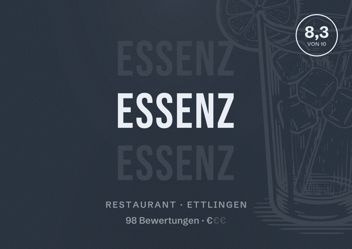 Illustriertes Poster von Essenz, Restaurant in Ettlingen: Bewertung 8,3 von 10 aus 98 Bewertungen, Preisniveau €