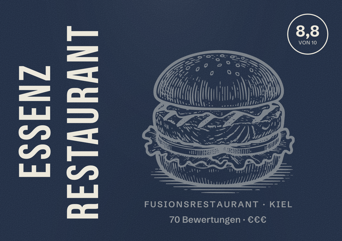 Illustriertes Poster von Essenz Restaurant, Fusionsrestaurant in Kiel: Bewertung 8,8 von 10 aus 70 Bewertungen, Preisniveau €€€