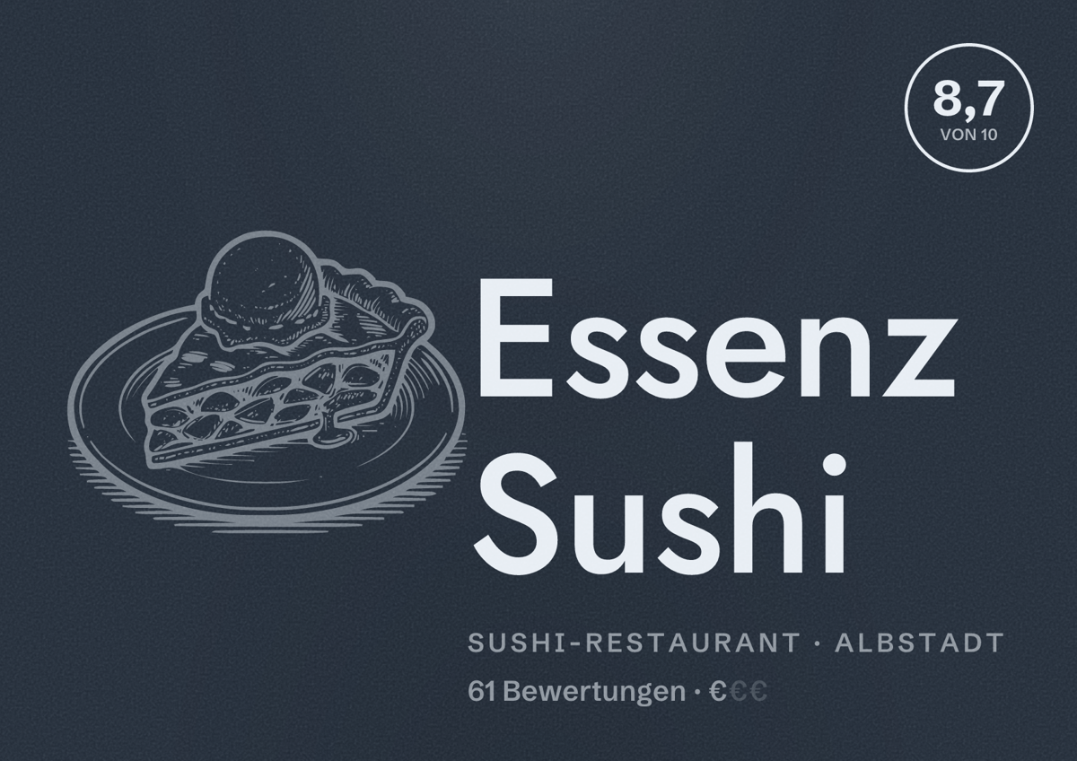 Illustriertes Poster von Essenz Sushi, Sushi-Restaurant in Albstadt: Bewertung 8,7 von 10 aus 61 Bewertungen, Preisniveau €