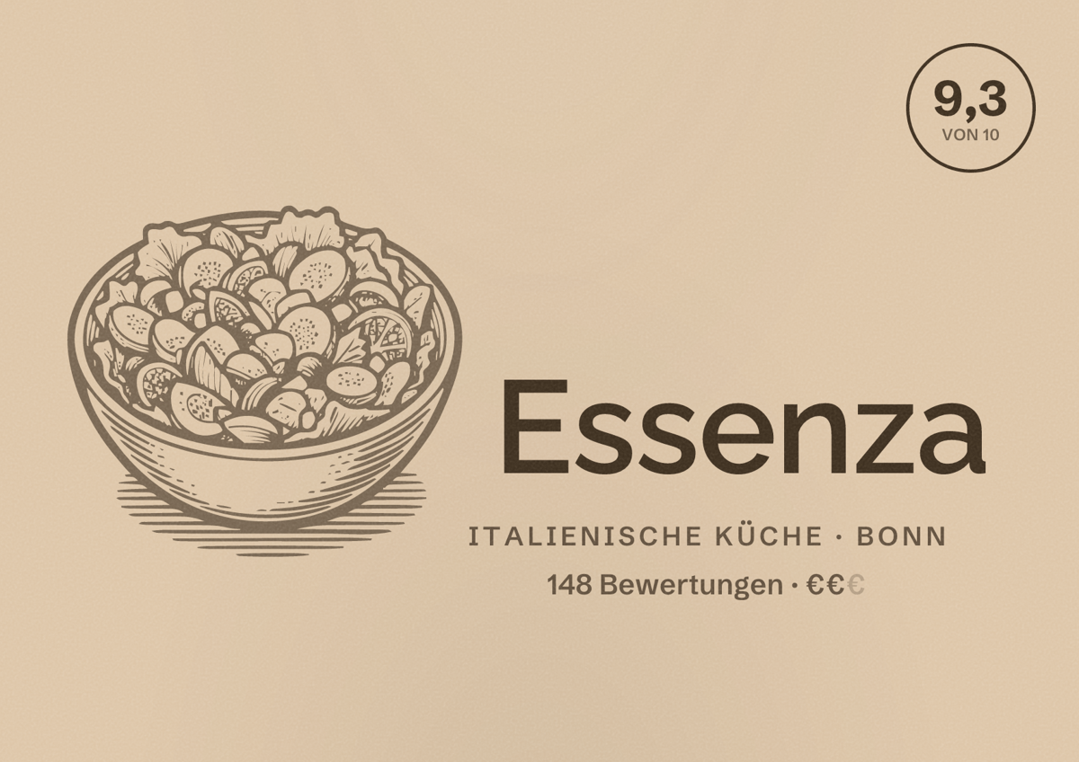 Illustriertes Poster von Essenza, Italienische Küche in Bonn: Bewertung 9,3 von 10 aus 148 Bewertungen, Preisniveau €€