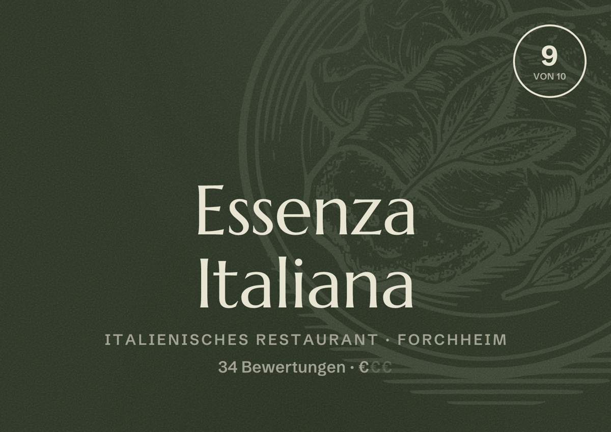 Illustriertes Poster von Essenza Italiana, Italienisches Restaurant in Forchheim: Bewertung 9 von 10 aus 34 Bewertungen, Preisniveau €