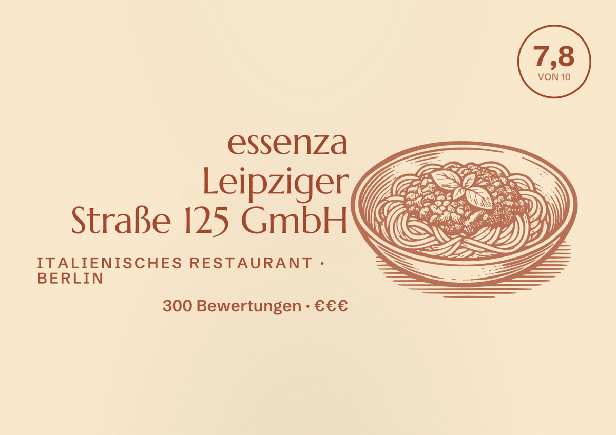 Illustriertes Poster von essenza Leipziger Straße 125 GmbH, Italienisches Restaurant in Berlin: Bewertung 7,8 von 10 aus 300 Bewertungen, Preisniveau €€€