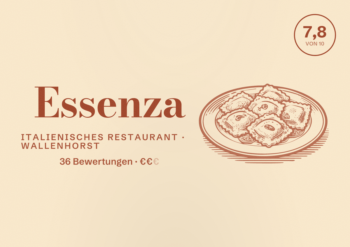 Illustriertes Poster von Essenza, Italienisches Restaurant in Wallenhorst: Bewertung 7,8 von 10 aus 36 Bewertungen, Preisniveau €€