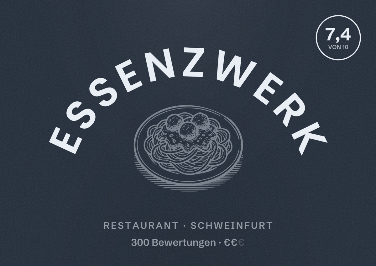 Illustriertes Poster von EssenzWerk, Restaurant in Schweinfurt: Bewertung 7,4 von 10 aus 300 Bewertungen, Preisniveau €€