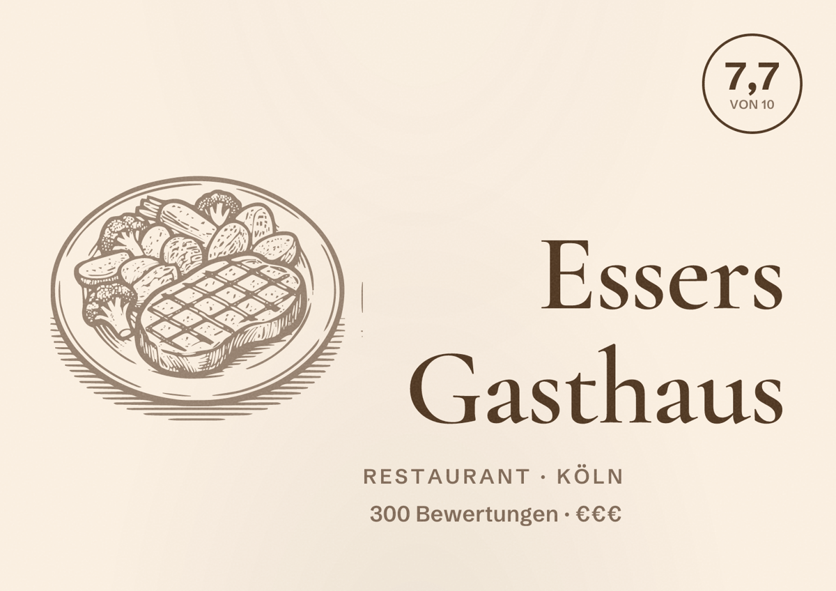 Illustriertes Poster von Essers Gasthaus, Restaurant in Köln: Bewertung 7,7 von 10 aus 300 Bewertungen, Preisniveau €€€