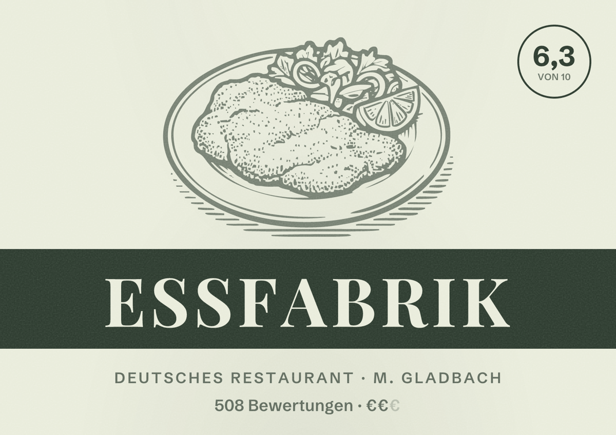 Illustriertes Poster von EssfabriK, Deutsches Restaurant in M. Gladbach: Bewertung 6,3 von 10 aus 508 Bewertungen, Preisniveau €€